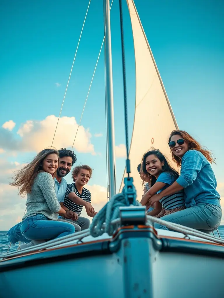 A group of diverse individuals laughing and working together to raise the sail on a small sailboat, showcasing teamwork and the joy of sailing.