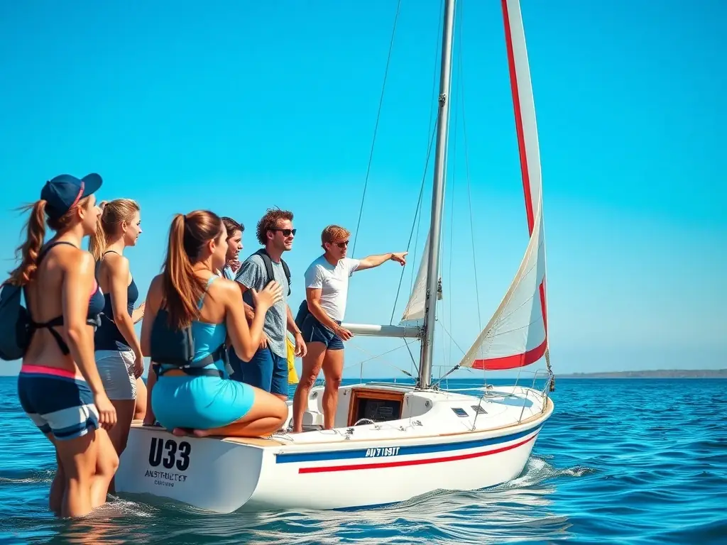 A dynamic image showcasing a group of young adults participating in a sailing lesson, with an instructor providing guidance and support. The scene captures the excitement and teamwork involved in learning to sail.