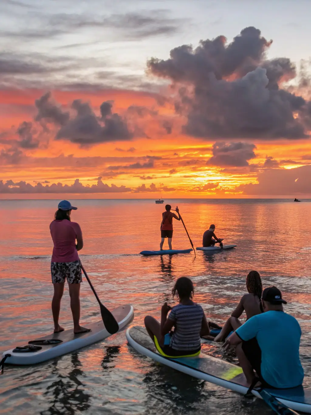 A group of people paddleboarding in a calm lake at sunset, with colorful reflections on the water. The atmosphere is peaceful and serene, highlighting the relaxing nature of the activity.