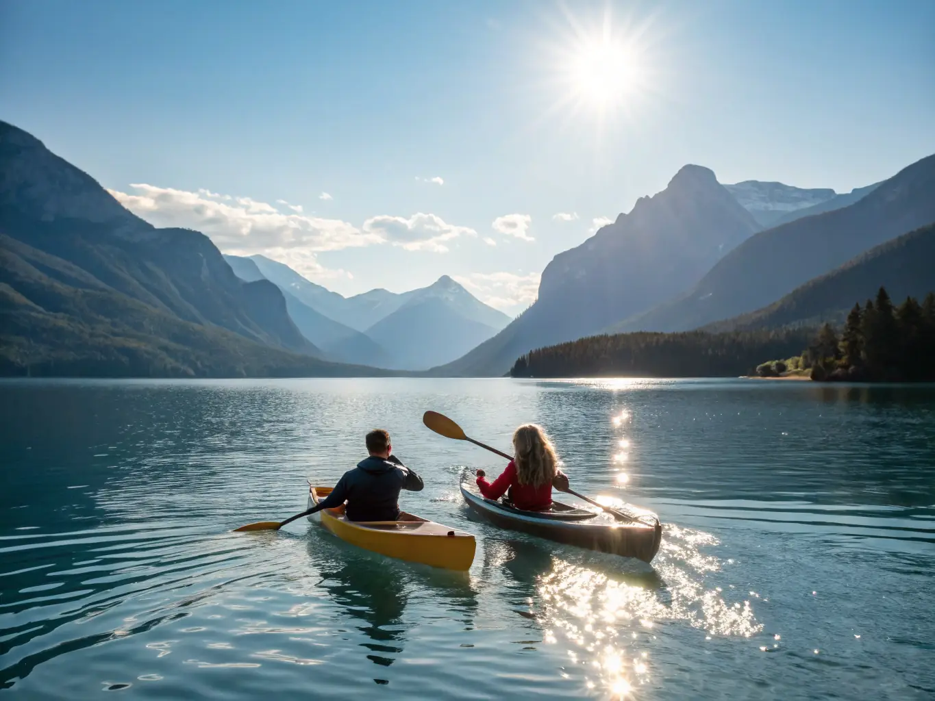 A serene image of individuals paddleboarding on calm waters, emphasizing the relaxation and mindfulness aspects of the activity. The image promotes a sense of tranquility and connection with nature.