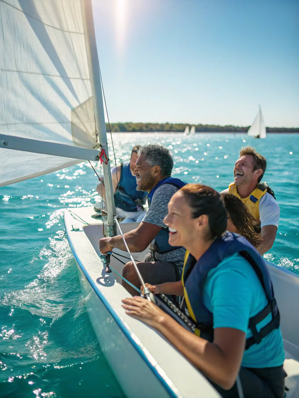A photograph of people with disabilities participating in an adapted sailing program, highlighting inclusivity and the empowering nature of water sports.