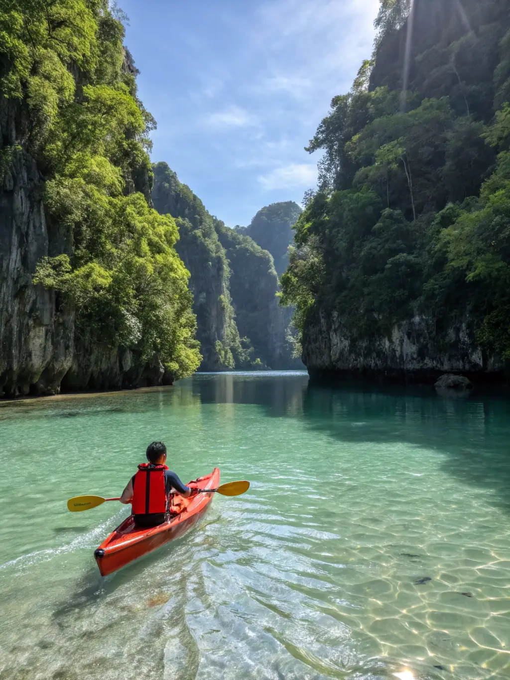 A person smiling while kayaking on a calm lake surrounded by lush greenery, emphasizing the connection with nature and the peacefulness of the activity.
