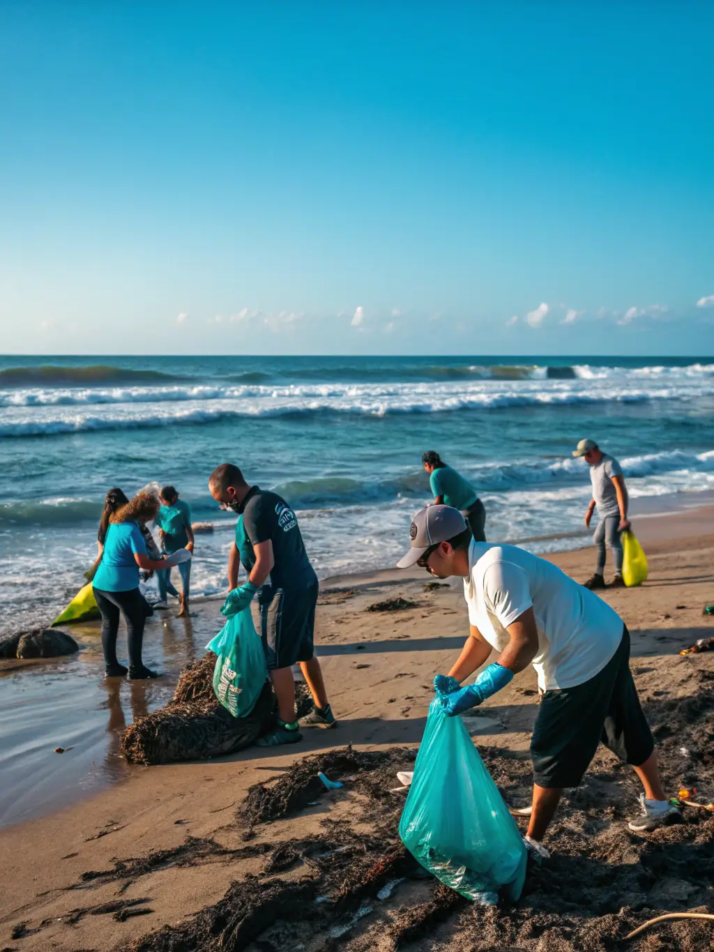 A picture of volunteers assisting with a beach cleanup event, demonstrating the commitment to environmental stewardship and community involvement.