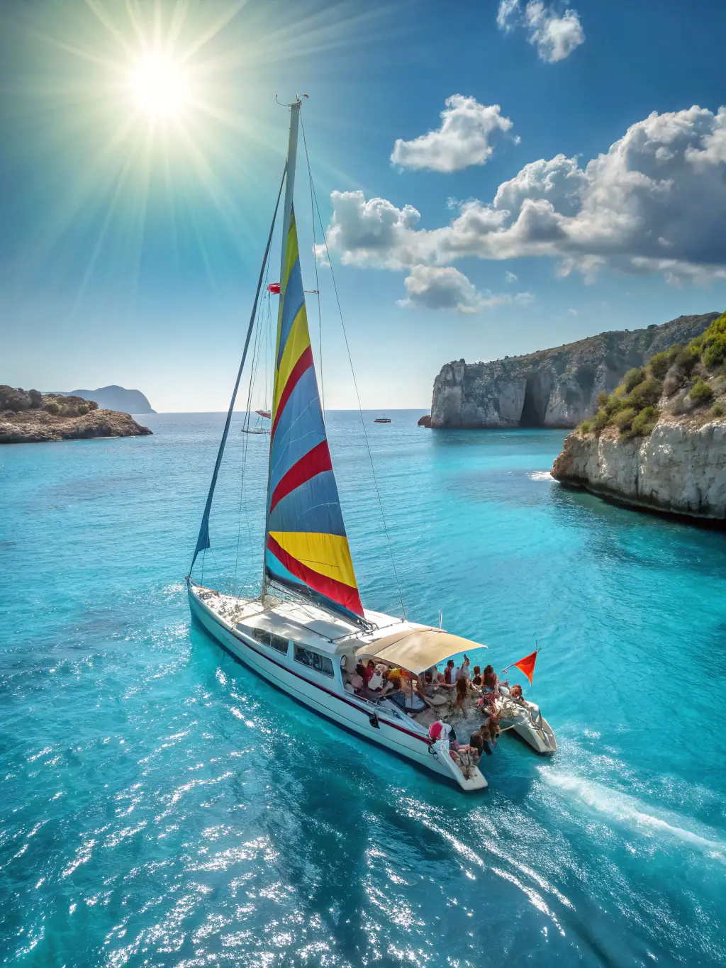 A group of children learning to sail small boats in a calm bay, with an instructor nearby providing guidance. The scene is sunny and cheerful, emphasizing the fun and educational aspects of the program.
