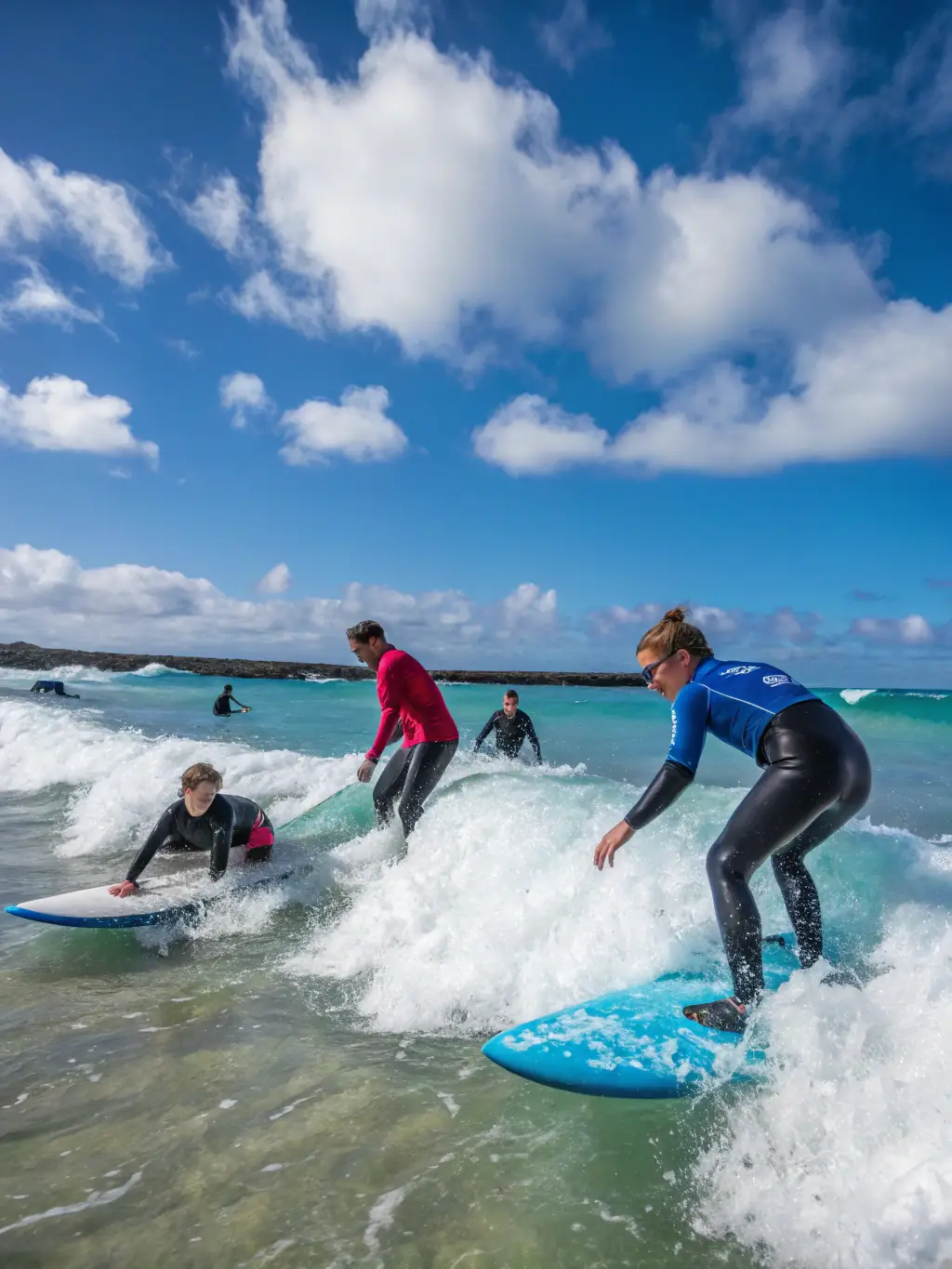 Participants learning windsurfing techniques on a windy day, with instructors demonstrating proper form and safety procedures. The focus is on skill development and confidence-building.
