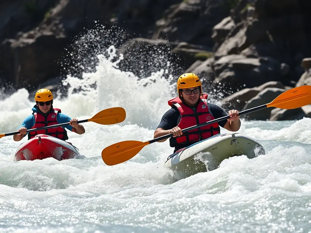 A diverse group of adults participating in a kayaking session on a river, with lush greenery on the banks. The participants are wearing life jackets and paddling in unison, showcasing the teamwork and fitness aspects of the activity.