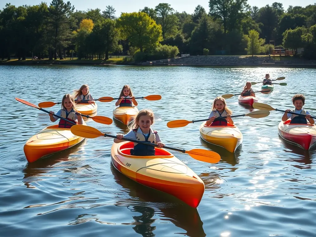 A group of children learning to sail small boats on a sunny day, with an instructor nearby providing guidance. The scene is set on a calm lake with clear skies, emphasizing the fun and educational aspects of the program.