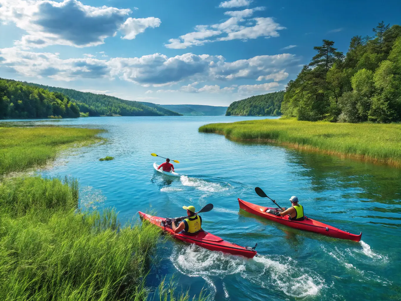 An engaging image of participants kayaking along a scenic coastline, highlighting the physical activity and natural beauty associated with kayaking. The image conveys a sense of adventure and exploration.