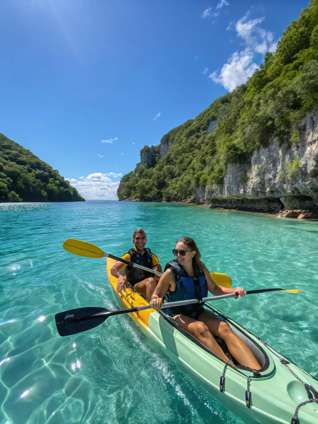 Adults participating in a kayaking tour along a scenic coastline, with clear blue water and rocky cliffs in the background. The participants are smiling and appear to be enjoying the activity.