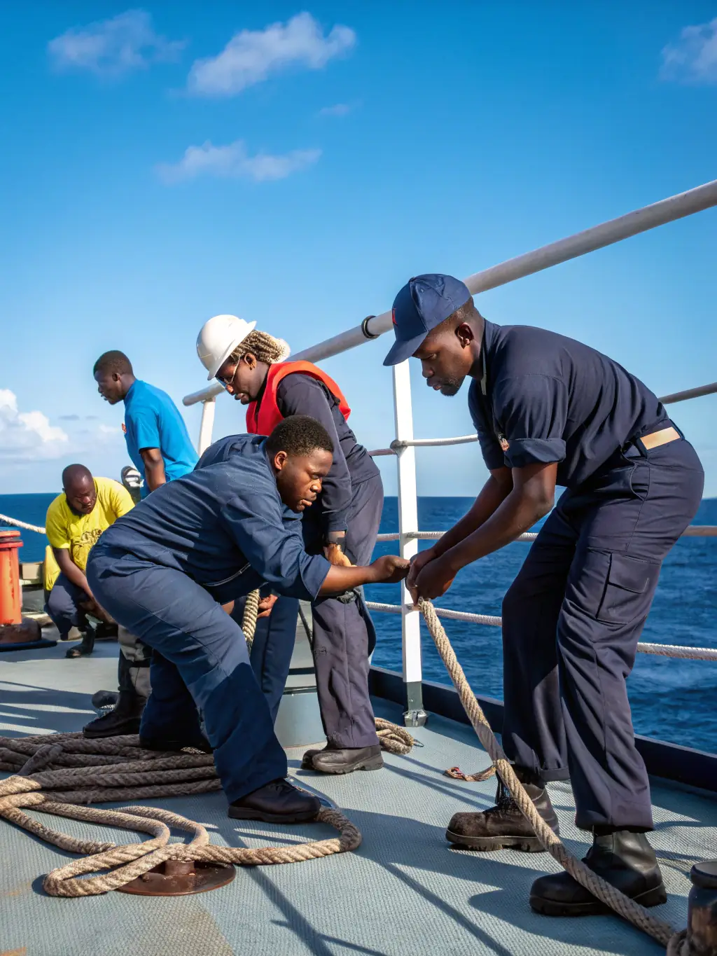 A group of diverse individuals participating in a sailing lesson, showcasing teamwork and community spirit, set against a sunny coastal backdrop.